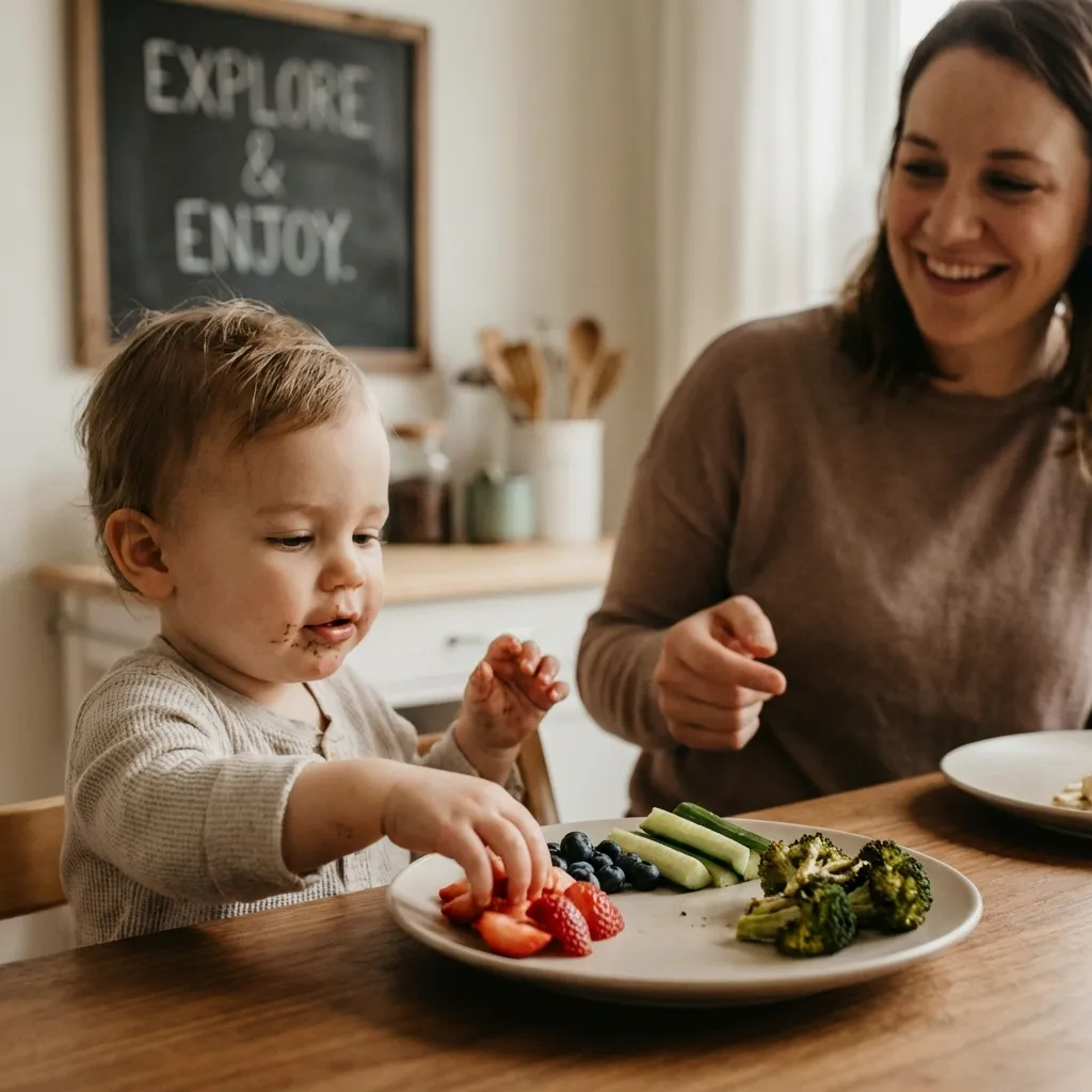Child exploring new foods with a supportive therapist
