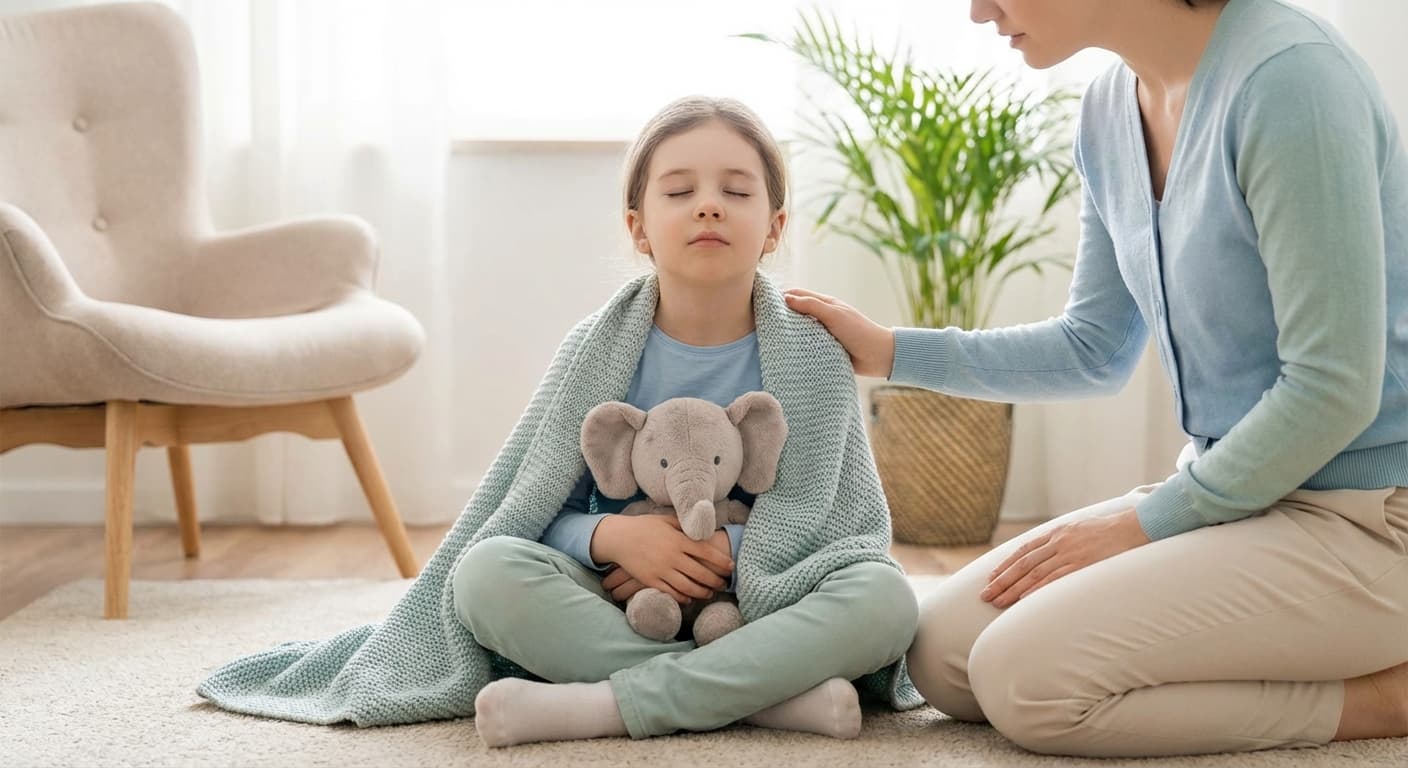 Child finding comfort in a sensory-safe space, representing anxiety support