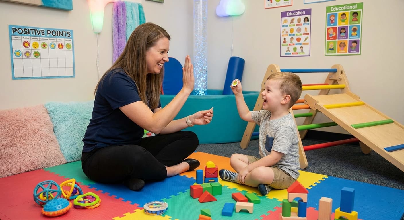 Therapist working with a child in a comfortable home setting, using play-based learning