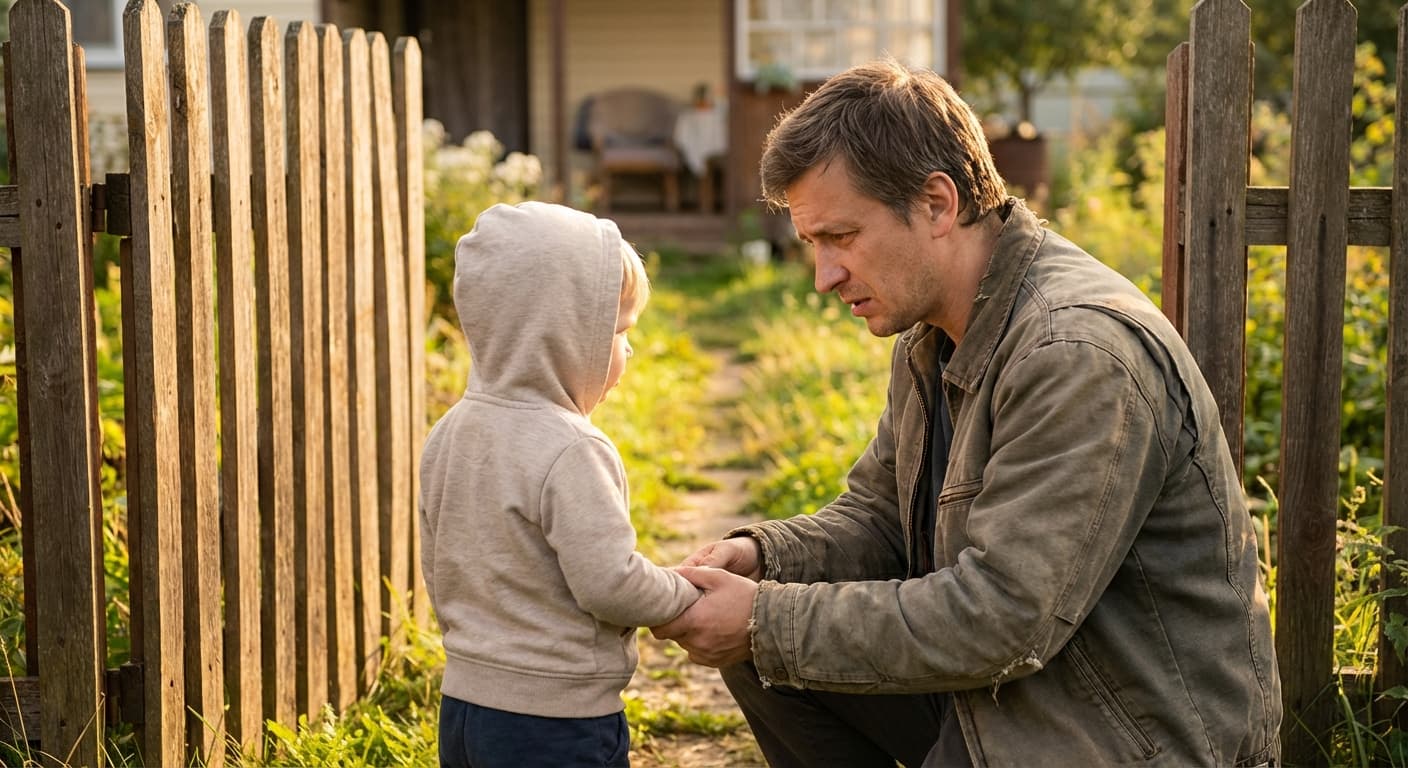 Parent holding child's hand near a gate, symbolizing safety