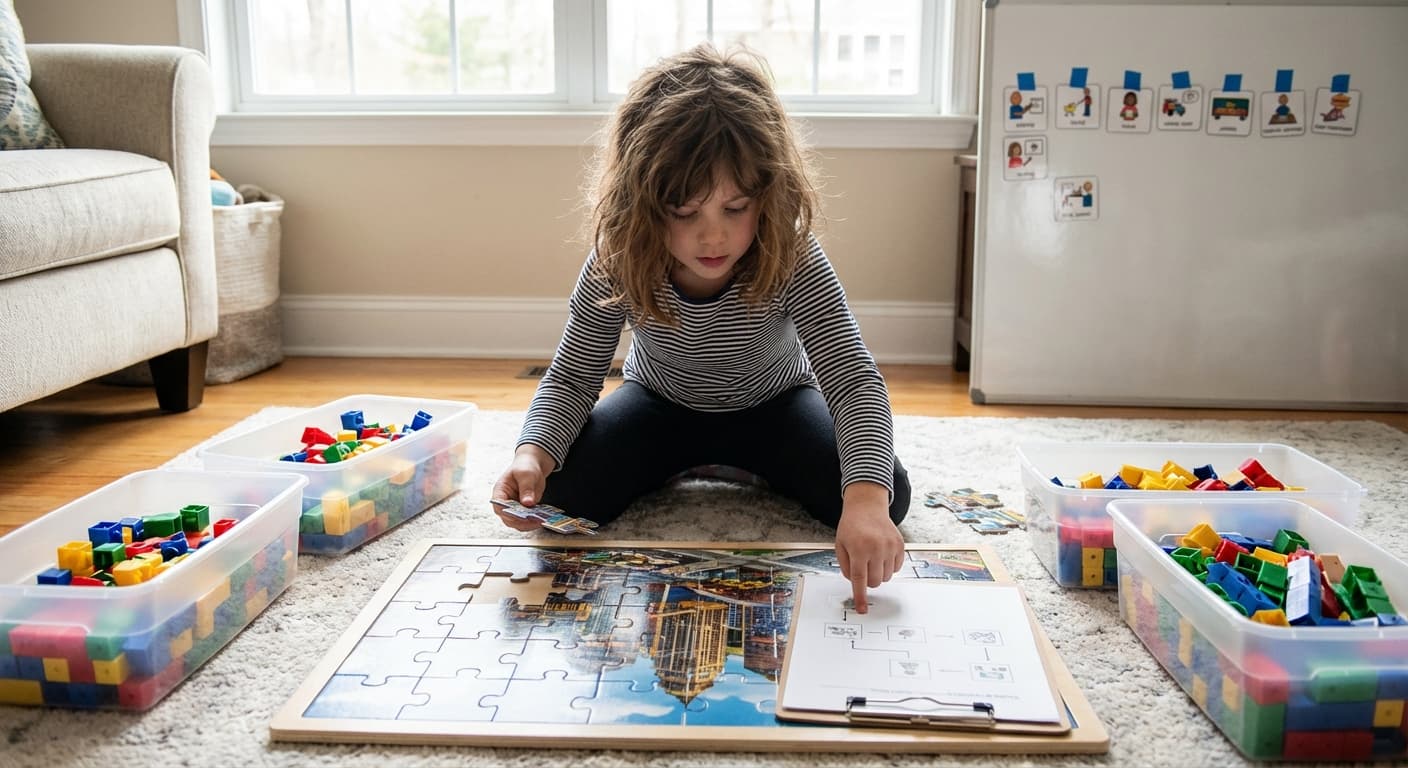 Child organizing colorful blocks, representing executive function skills