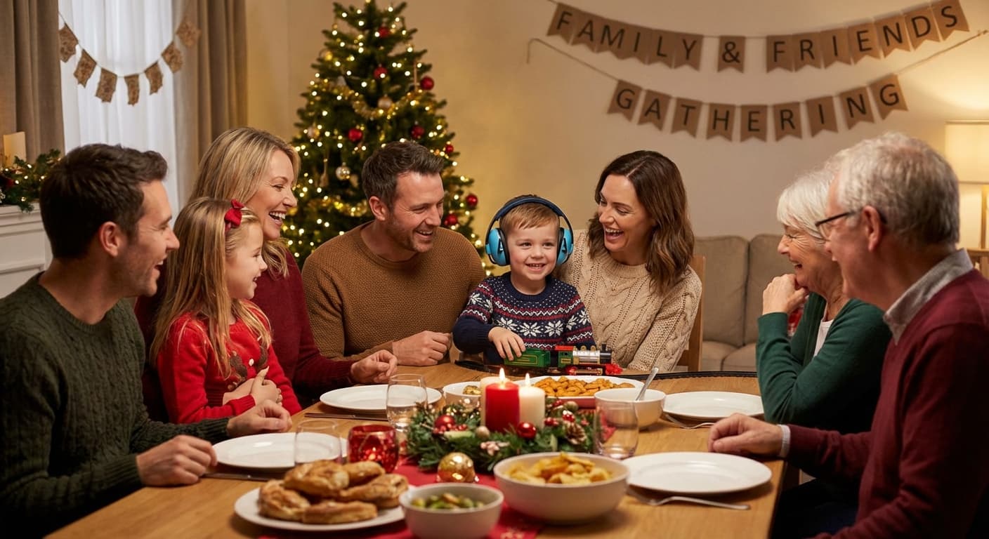 Happy family enjoying a holiday gathering with an autistic child