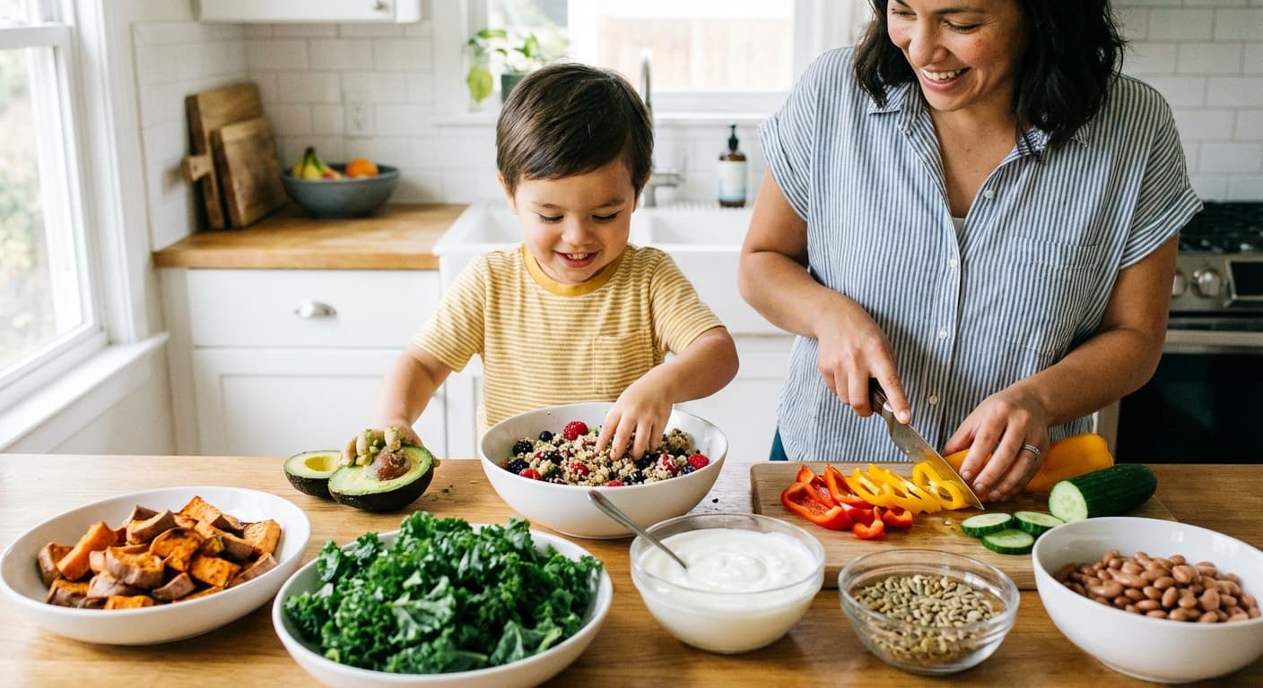Child exploring new foods with a supportive therapist