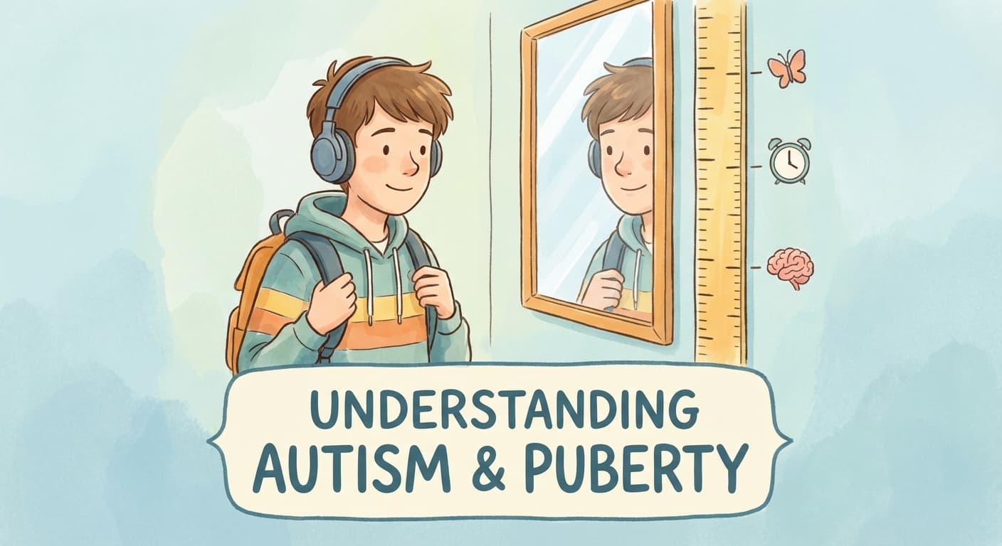 Illustration of a teenager looking at a growth chart, representing autism and puberty